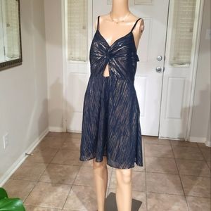 NWT Gilli L metallic gold splatter chiffon cutout twist smock back sparkly midi